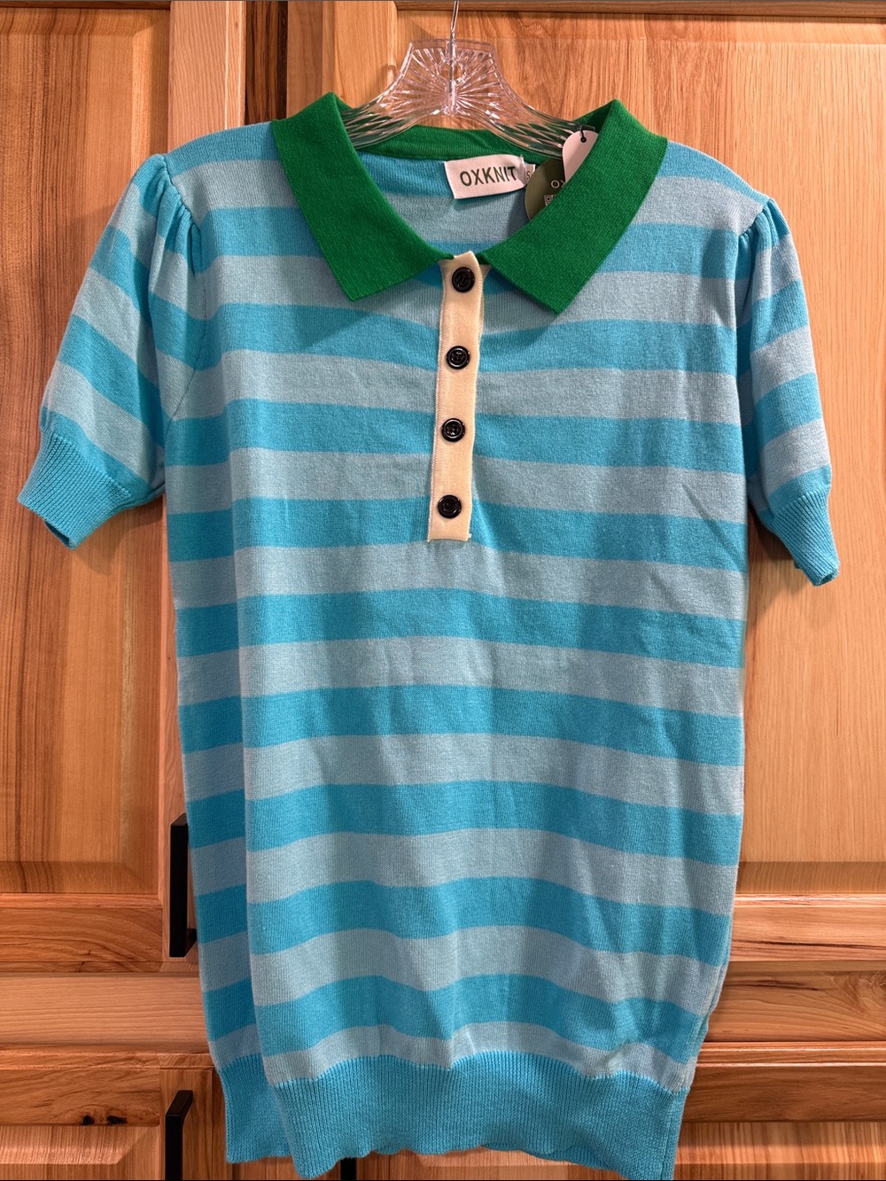 New! Women’s Oxknit Retro Style Blue Stripe Knit Polo Bubble Sleeve Top  Sz S